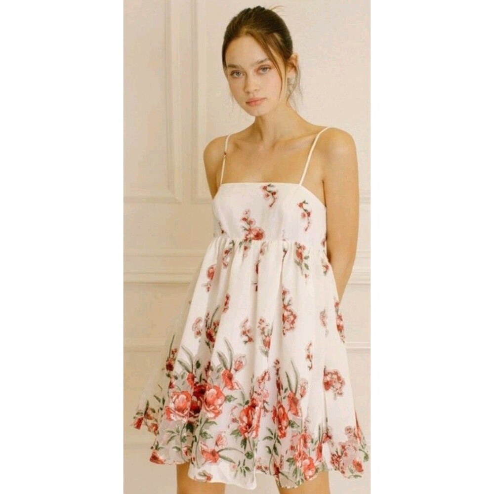 NWT Storia | XS | Floral Burnout Babydoll Mini Dress White/Red Boho Cottagecore